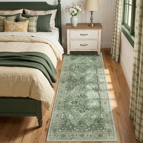 RELEANY Washable Area Rug, Runner 2'x5', Green/Dark Green/Gray