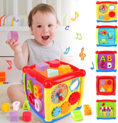 Image of Crackles Early Age 6 in 1 Learning Cube Educational & Learning Activity Toy Including Blocks, Clock, Alphabets-Tree,Transportation Vehicles,Music Keyboard & Mirror for Kid, Multicolored