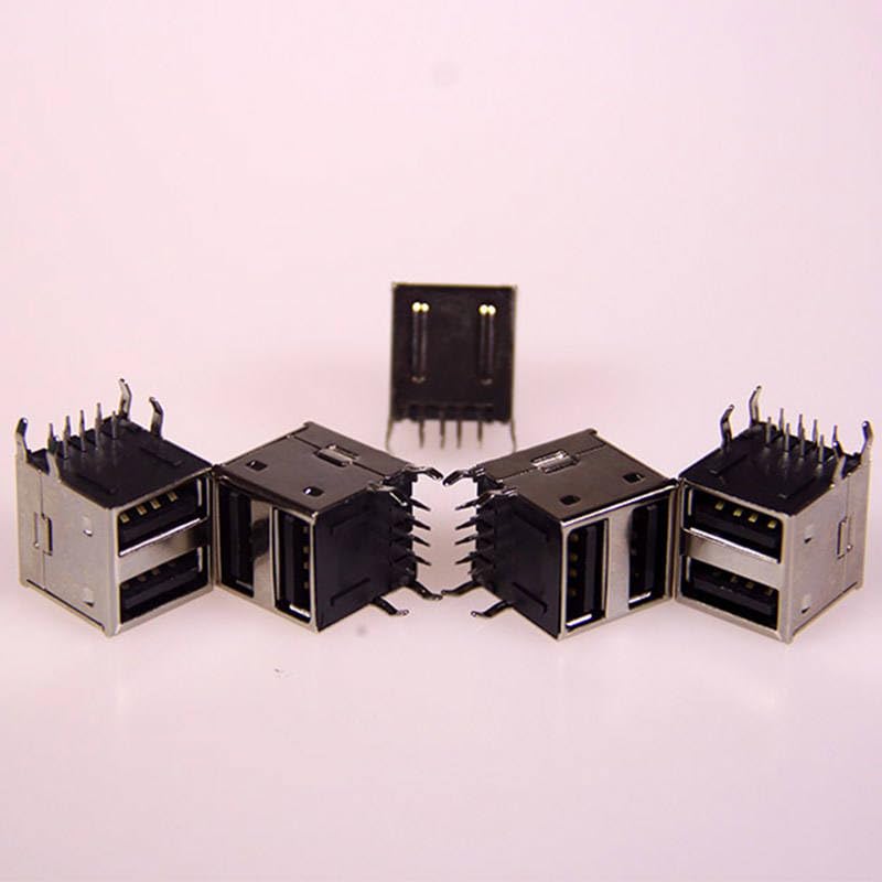 100pcs Dual USB AF 90 Degree PCB Mount A-Type Female Right Angle Dual USB Connector Data Transfer Jack Charging Port USB Adapter