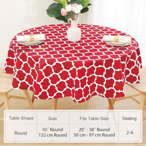Image of Smiry Round Table Cloth, Flannel Backed Vinyl Tablecloth, 60 inch Round | Waterproof Plastic Tablecloths, Wipeable Table Cover for Dining, Indoor and Outdoor (Red)