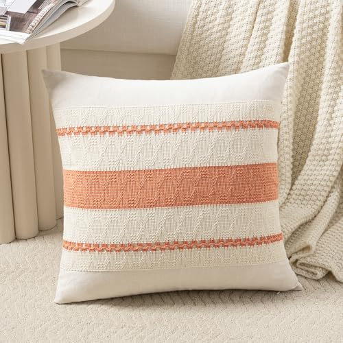 Fancy Homi Set of 1 Boho Coral Decorative Throw Pillow Cover 16x16 Inch for Couch Bed Sofa, Aesthetic Modern Organic Farmhouse Home Decor, Soft Cotton Cute Accent Macrame Woven Cushion Case