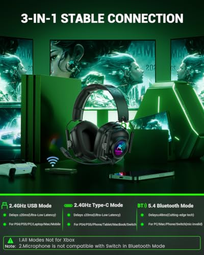 Image of Krysenix 2.4 GHz Wireless Gaming Headset for PC, PS5, PS4, Switch, Mac, Bluetooth 5.4 Gaming Headphones with Noise Canceling Microphone, Cool RGB Lighting, 50Hr Battery, Foldable, 50mm Drivers-Black