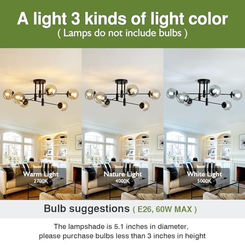 Image of 6-Lights Glass Globe Sputnik Chandelier Modern Flush Mount Ceiling Light Fixture Black Farmhouse Lighting for Dining Room Living Room Bedroom Kitchen Passageway.
