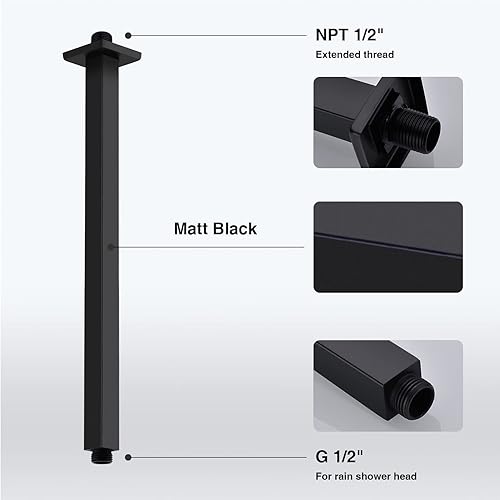 Miniatura 10 de Brazo de ducha negro mate con brida, tubo de extensión de repuesto de 12 pulgadas, brazo extensor de cabezal de ducha de lluvia de acero inoxidable,