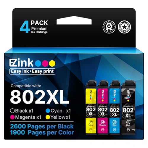 E-Z Ink Remanufactured Ink Cartridge Replacement for Epson 802XL 802 T802XL T802 to use with Workforce Pro WF-4740 WF-4730 WF-4720 WF-4734 EC-4020 EC-4030 (Black Cyan Magenta Yellow, 4 Pack)