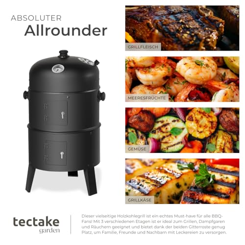 Foto von tectake® 3in1 Holzkohlegrill Smoker Räucherofen, Smoker Grill mit Thermometer und regulierbarem Luftabzug am Deckel, Wasserschale zum Dampfgaren, Holzkohle Grill mit Kohleschale und Ascherost, schwarz