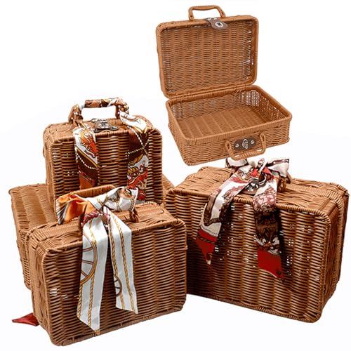 Aufbewahrungskorb mit Deckel und Griffen, Geflochtenem Rattan Aufbewahrungsbox, Vintage Gewebt Weidenkorb, Rechteckig Regalkörbe, Multifunktionaler Weidenkoffer für Picknick, Camping, Hochzeit (L)