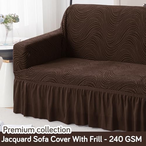 Image of HOKIPO 3 Seater Sofa Cover with Frill - 240 GSM Premium Jacquard Stretchable Fully Covered Slipcover,' Serene Wave Series' Dark Chocolate (AR-6354-DCHOC)