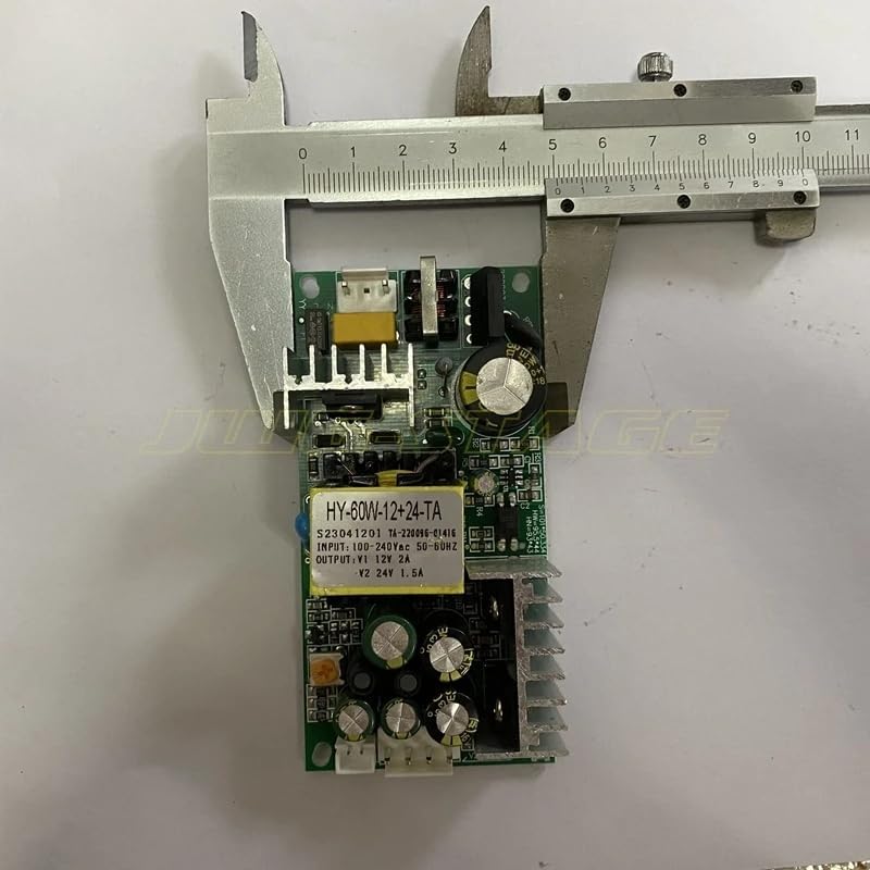 สูงสุด view of the power supply board being measured with a caliper, showing its width.