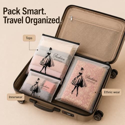 Image of PulGos Pack of 5 Multipurpose Storage Bags - Frosted Semi-Transparent Travel Pouches with Print | Reusable Zip Bags for Toiletries, Makeup, Shoes & Gifting | Travel Packing Cubes