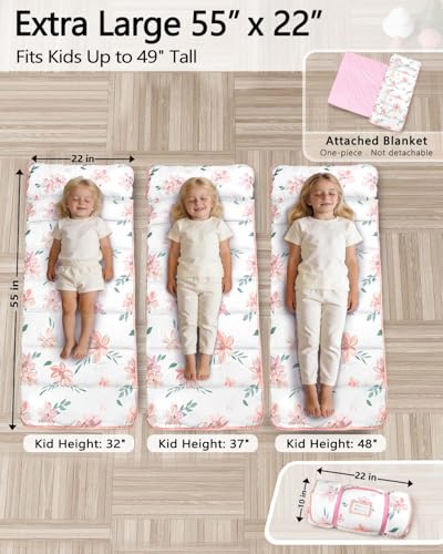 Image of Primlect Thickened Toddler Nap Mat with Removable Pillow and Minky Blanket, Extra Large 55''x35'' Sleeping Bag, Washable, Roll up, Perfect for Daycare, Preschool, Kindergarten, Boys and Girls Flowers