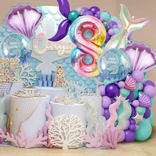 Image of Mermaid Birthday Decorations Mermaid Balloons - Number 8 Balloons for Girls Under The Sea Mermaid Theme Baby Shower Birthday Favors