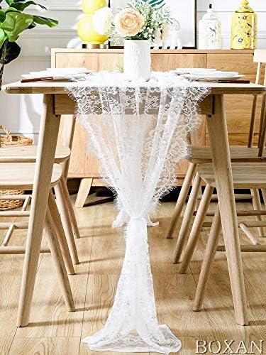 BOXAN 30" x 120" Vintage Wedding White Lace Table Runner, Rose Floral Lace Table Overlay Table Cover, Rustic Wedding Reception Table Decorations, Bridal Shower Baby Shower Party Decorations