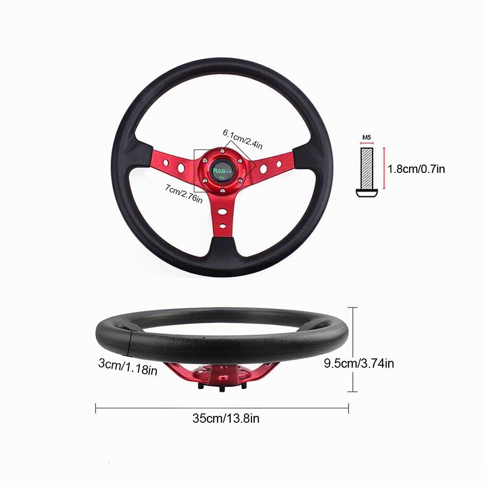 POHOVE Volant de course universel, 35,1 cm de profondeur 350 mm, 6 boulons, volant en alliage d'aluminium PU avec bouton klaxon, pour la plupart des véhicules
