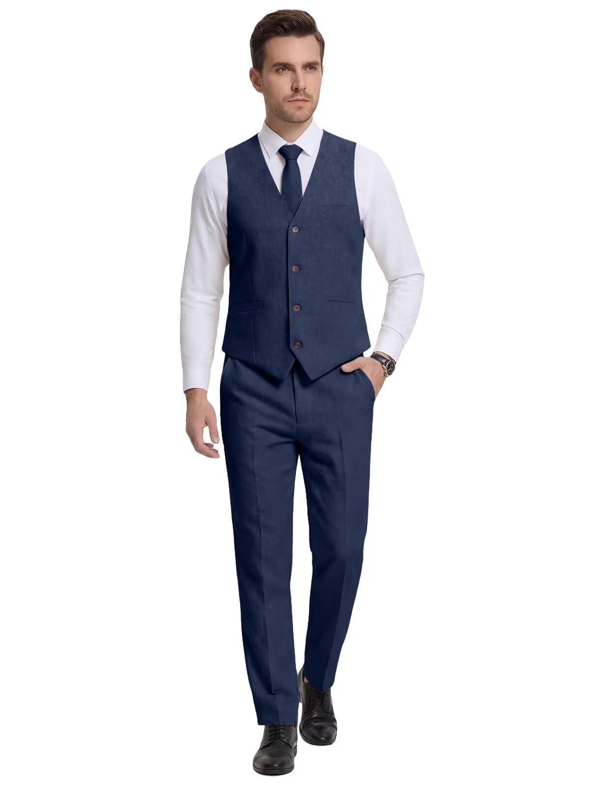 Bofan Casual Linen Beige Men's 2 Piece Suits Wedding Suits Slim Fit Groomsmen Tuxedos Prom Waistcoat Summer Linen Vest+Pant, Navy Blue, XXL