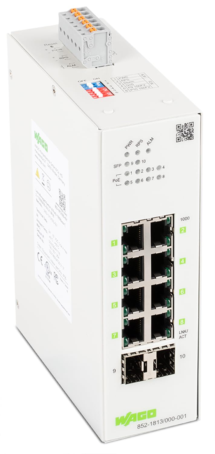 WAGO Przełącznik przemysłowy 852-1813 | z 8 portami ETHERNET 10/100/1000 Mbit/s autonegotiation i diagnostyka-LED na przedniej stronie | 2 x sloty SFP na światłowód | obsługuje Power over Ethernet