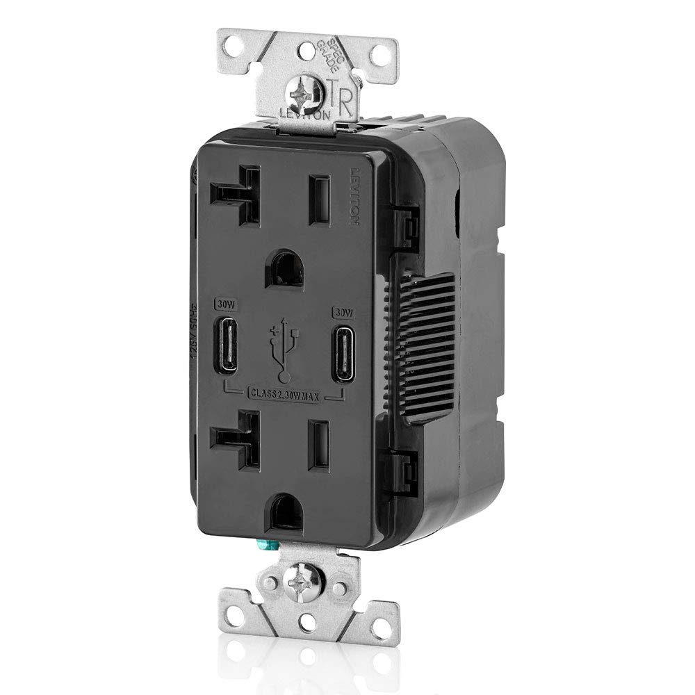 30W (6A) USB Dual Type-C/C Power Delivery Wall Outlet Charger with 20A Tamper-Resistant Outlet