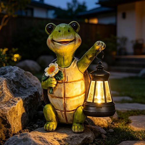 Yewanye Garden Statue Outdoor Solar Turtle Decor Lights Resin Figurine Turtle with Solar Light for Patio Balcony Yard Lawn Ornament Perfect Garden Gift (Turtle 1)