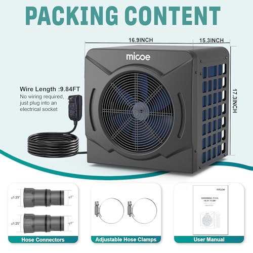MICOE 17000 BTU Energy Efficient Electric Pool Heat Pump - for Above Ground Pools Up to 15ft (8/11/15ft) & 5,000 Gallons, Ultra Quiet 50dB, 110V/120V with Easy Install Kit