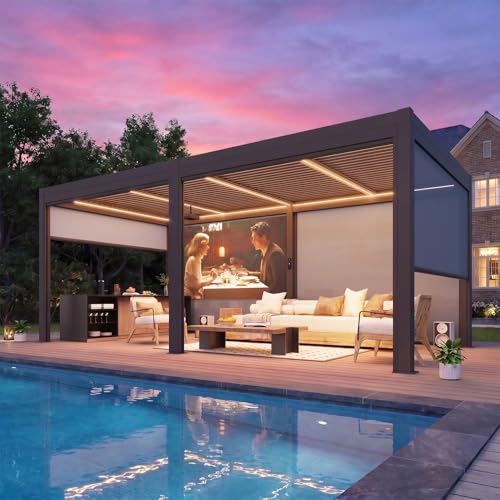 Image of MELLCOM Motorized Louvered Pergola 10x20, Solar & Electric Powered with LED Lights and 6 Side Screens, Aluminum Adjustable Louvered Roof, Weatherproof Outdoor Shelter