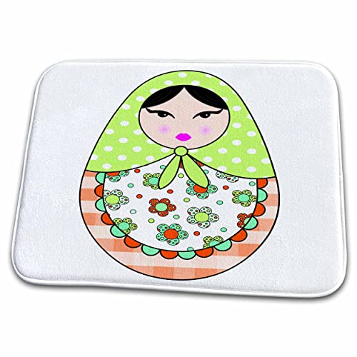 Dish Drying Mat - Cute Russian Matryoshka Nesting Doll Black Hair - Warm Colors White Designs Dolls