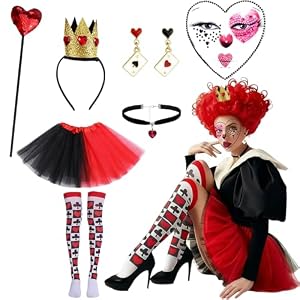 Zouonou 7 Stk Herzkönigin Kostüm Set Damen Mädchen, Herz Krone Haarreif Ohrringe Herz Halskette Tütü Rock Strümpfe Zauberstab Gesicht Tattoo, Halloween Karneval Cosplay Clown Verkleidung