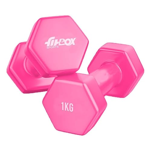 FitBox Sports Premium 2kg (1kg x 2) Vinyl Coated Cast Iron Dumbbells for Exercise & Fitness | Strength Training for Home Gym - Panther Pink