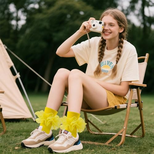Image of Women Big Ruffle Ankle Socks Adult Double Lace Frilly Turn Cuff Dress Socks Cotton Cute Fancy Bobby Crew Socks
