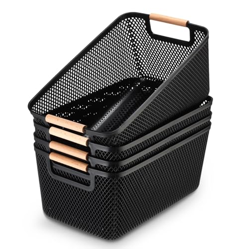 4 Pcs Plastic Storage Baskets Mesh Baskets With Wood Handle Woven Mesh Storage Organizer Bins Multi-function Rectangle Baskets For Kitchen Bathroom Picnic Home (10.4 x 7.2 x 4.7 In)