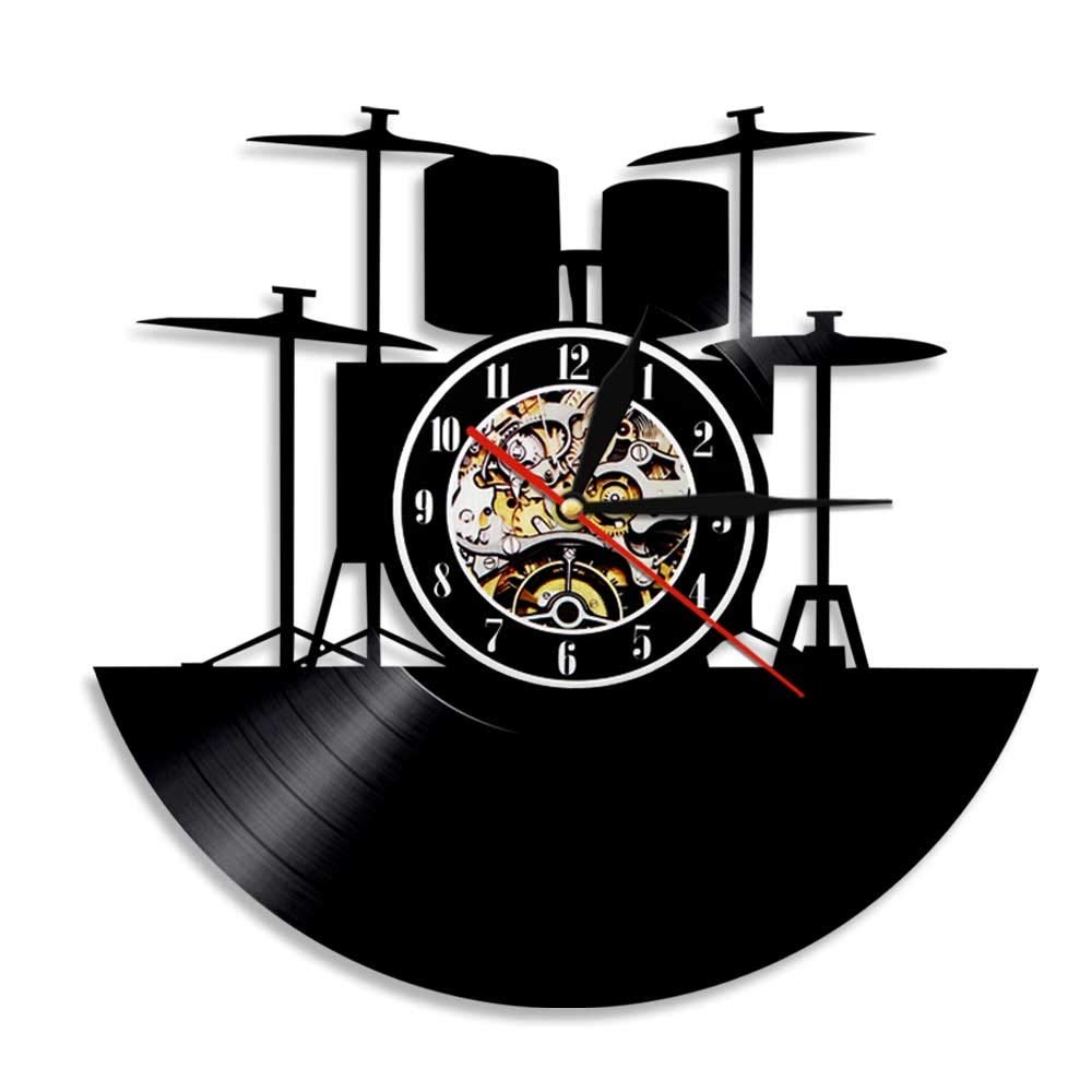 Batteria da 30cm Orologio in vinile Orologio da parete Drumkit Luce a led Rock N Roll Decorazioni per la casa moderne vintage Regalo fatto a mano per gli amanti della musica Orologio Luci a LED con