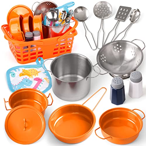 Veitch fairytales Kinder Spielen Küche Spielzeug Zubehör Set Kleinkind Kochen Spielset Bunte Edelstahl Töpfe und Pfannen Geburtstagsgeschenke für 3+ Mädchen Jungen (Orange)