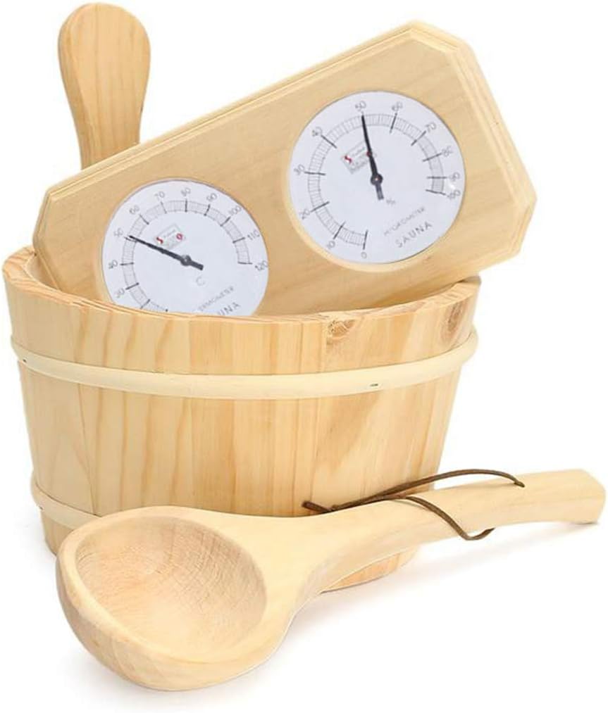 ZKG Thermometer Hygrometer + Dipper + Bucket 3pcs/Set Pine Wood Sauna Accessory Set 20-140C : Patio, Lawn & Garden