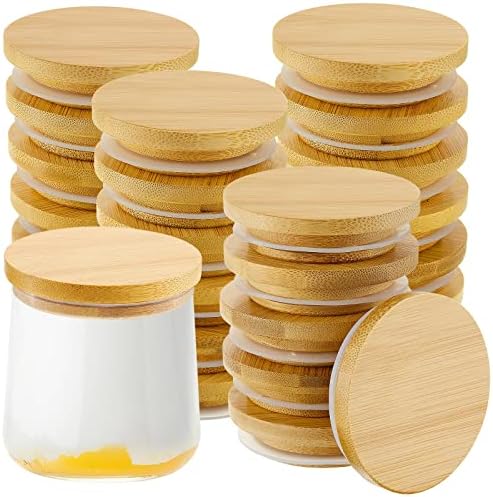 Sawysine Yogurt Jar Lids Set Reusable Bamboo Wooden Lids Round Canning Lids with Silicone Sealing Rings Compatible with Oui Yogurt Jars for Mugs and Jars (24 Pack)