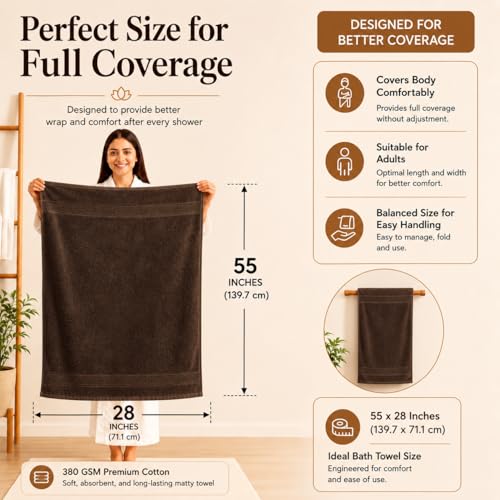 Image of 100% Pure Cotton Bath Towel for Men & Women | 380 GSM Ultra Soft, Highly Absorbent & Quick Dry Bath Towel | Large 55 x 28 Inch Matty Terry Towel for Bathroom, Gym, Travel & Daily Use | Dark Brown
