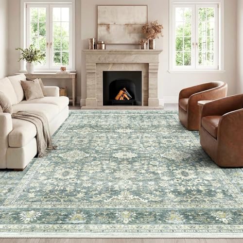HOMFINE Vert Tapis Salon Vintage 160x230 cm Lavable en Machine Antidérapant Grand Tapis Salon Doux Poil Court pour Chambre Adulte, Salle à Manger, Cuisine