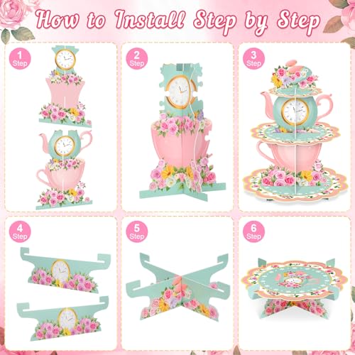 Zopeal 5 Pcs Floral Tea Cupcake Stand Party Decorations 3 Tier Teas Cupcake Holder 2 Tea Birthday Cake Holder 2 Flower Teapot Cake Serving Tray for Teas Party Birthday Baby Shower Wedding Supplies - Image 4
