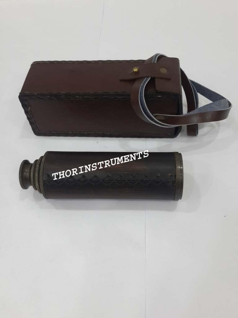 14" Antique Bronze Nautical Spyglass Telescope Brown Leather W/Leather Case Rustic Vintage Home Decor Gifts