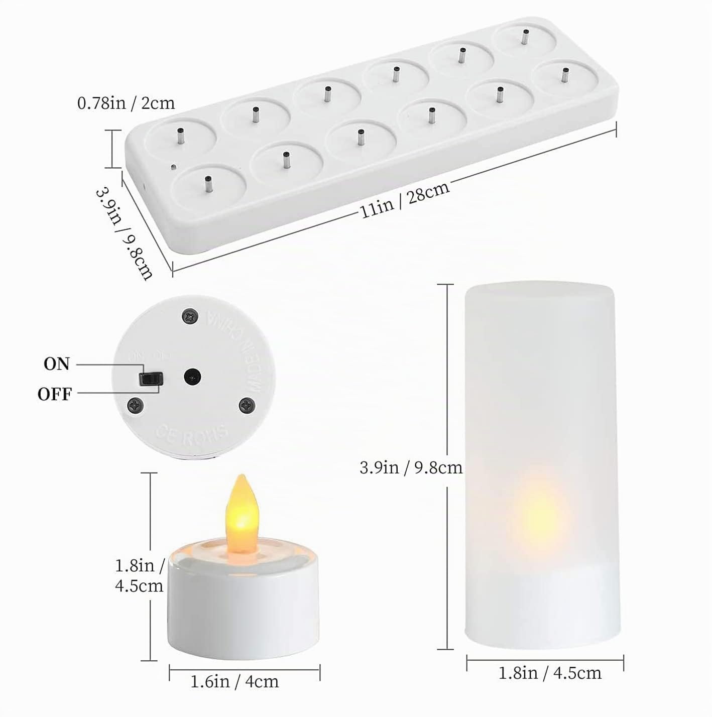 Velas LED sin Llama QSPORTPEAK 12 velas recargables velas LED con batería sin llama con estación de carga, cable USB y vasos para el hogar, Navidad Halloween Decoración