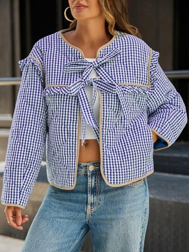 Tankaneo Navy Blue Cropped Plaid Jacket with Ruffles and Tie-Front for Cozy Fall Adventures - Image 4