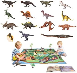 YouCute Dinosaur Toys 15 Realistic Figures with PlayMat Books Educational 6" to 10" Dino Party Supplies for Kids Boys Girls Including T-rex Triceratops Velociraptor Pterosaur