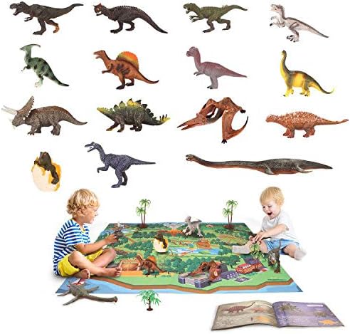 YouCute Dinosaur Toys 15 Realistic Figures with PlayMat Books Educational 6" to 10" Dino Party Supplies for Kids Boys Girls Including T-rex Triceratops Velociraptor Pterosaur