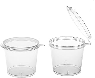 Party Essentials Leak Proof Plastic Condiment Souffle Containers with Attached Airtight Portion Cup with Hinged Lid for Sauces, Samples, Slime, Jello Shot, Storage, Craft, 100 Sets, 1 oz, Clear