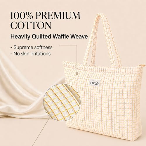 Image of Premium Cotton Waffle Quilted Tote Bag, Large Spacious Handbag for College, Office, Work, Travel, Shopping & Daily Use