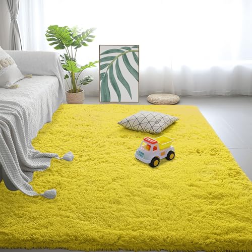 Tapis moderne extra large en peluche jaune de qualité - 2