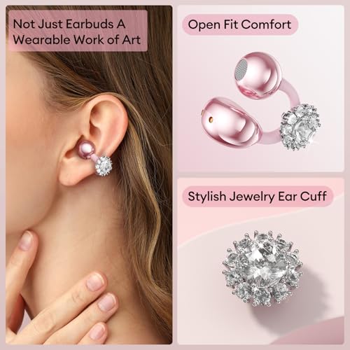 Image of PAXA Stylish Open Ear Clip On Earbuds with Removable Diamond Earring, Clip On Headphones with LCD Touch Screen, Fashionables Open Ear Headphones for Women, Diamond Earring Rose Gold Earbuds M100