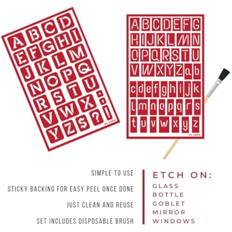 2 Reusable Glass Etching Stencils - Etching Letter Stencils Set - Contemporary Etch Letters Stencils, Neon Alphabet Upper and Lower Case Self Adhesive Etch Stencil with Brush