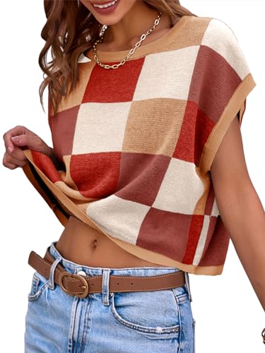 Image of Saodimallsu Womens Cap Sleeve Crop Tops Summer Color Block Going Out Crew Neck Knit Trendy Casual Sweater
