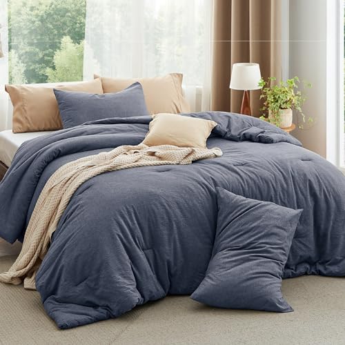 Bedsure COMFORTER SET-WASHED COTTON Comforter Set Queen Size Denim Blue thumb #6