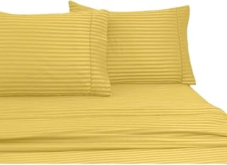 HNU Wrinkle Free 600 Thread Count 100% Cotton Sheets Set | Super Soft, Pretty Striped Design | Most Durable & Luxurious | Fully Elasticized and Deep Pocket Aesthetic Bedding | Golden Color, Twin Size