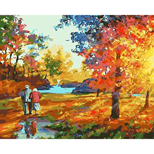 DIY Paint by Numbers Kit for Adults Beginners with Rolled Canvas Romantic Love Autumn Forest, Oil Painting by Numbers Wall Art Home Decor, Couple in Sunset 16 x20